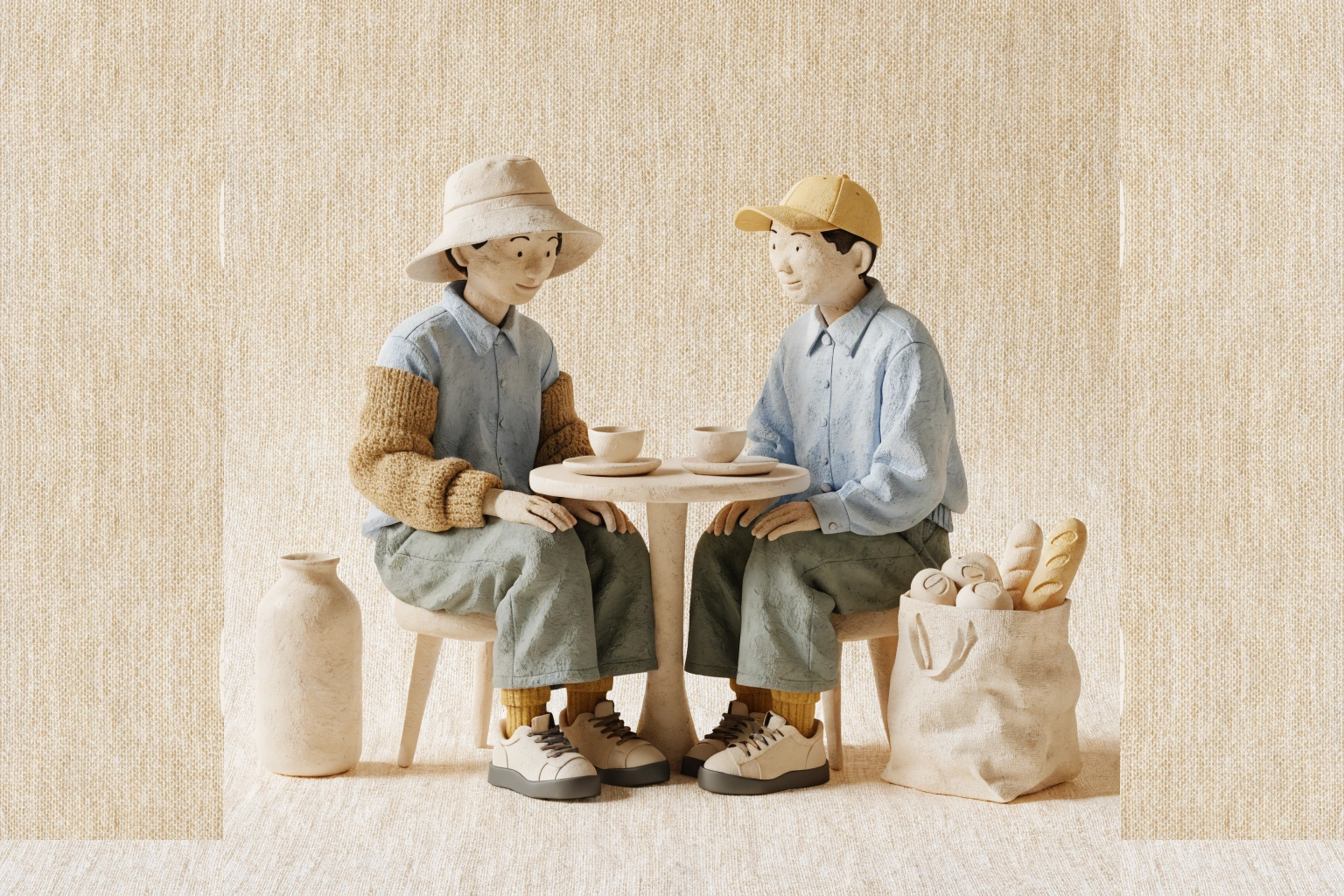 식탁에 마주 앉은 근로자 부부와 장바구니를 표현한 일러스트