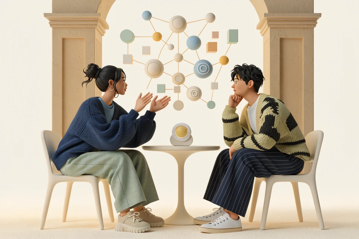 공공데이터를 활용해 협업하는 두 창업가와 데이터 네트워크 일러스트